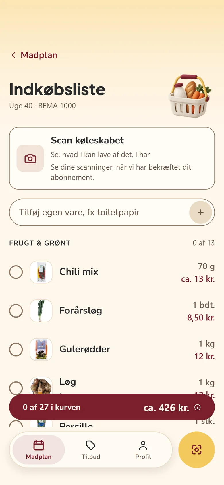 The Planuko app: the shopping list grouped by aisle with prices
